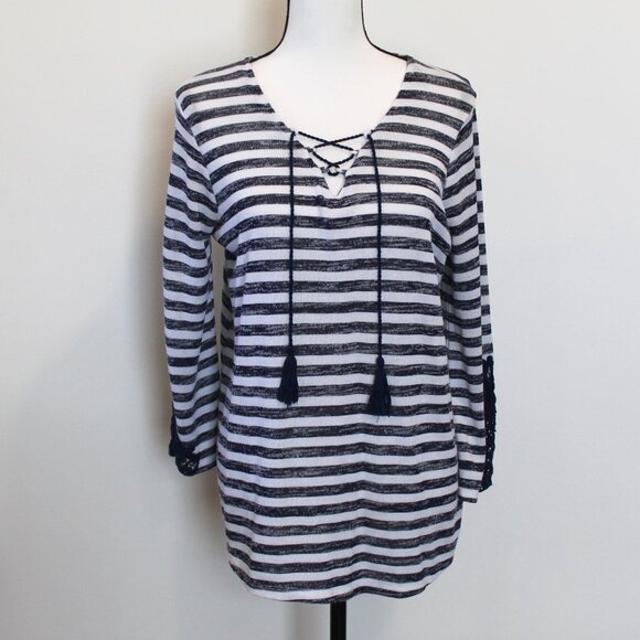 New Direction Navy/White Striped Top 3/4 Sleeves Sz Large - Picture 1 of 9
